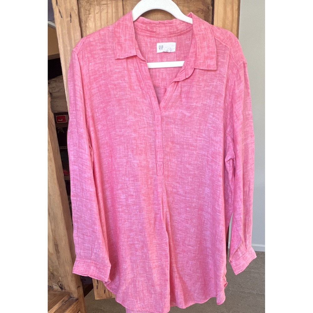 Gap Women's Long Sleeve White Red Pink Tunic 100% Linen Size XL